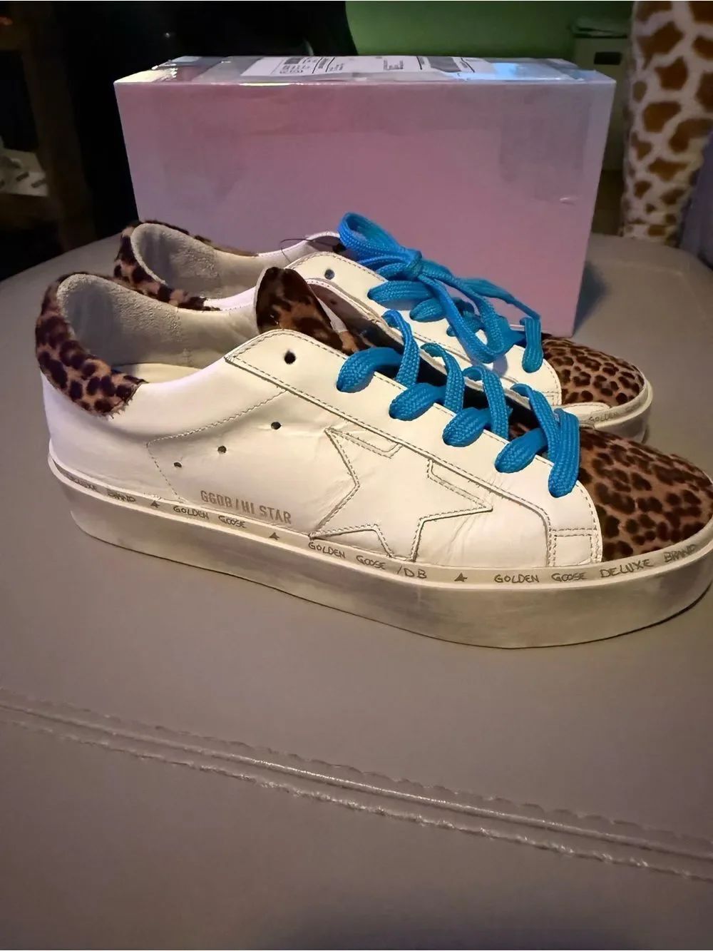 Golden Goose Hi Star Leopard Accent Sneakers with Blue Laces